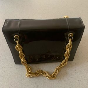Brown Patent Mini Bag with Gold Chain